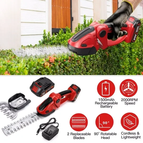 

24V Cordless Handheld Grass Shear Hedge Trimmer with 90° Cutting Angle 2Pcs Replaceable Blades