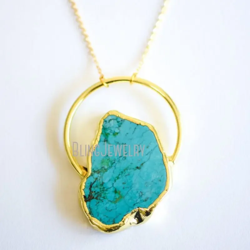 10pcs Gold Color Hoop Stone Slice Pendant Necklace Turquoise Slab Stainless Steel Chain Jewelry for Women