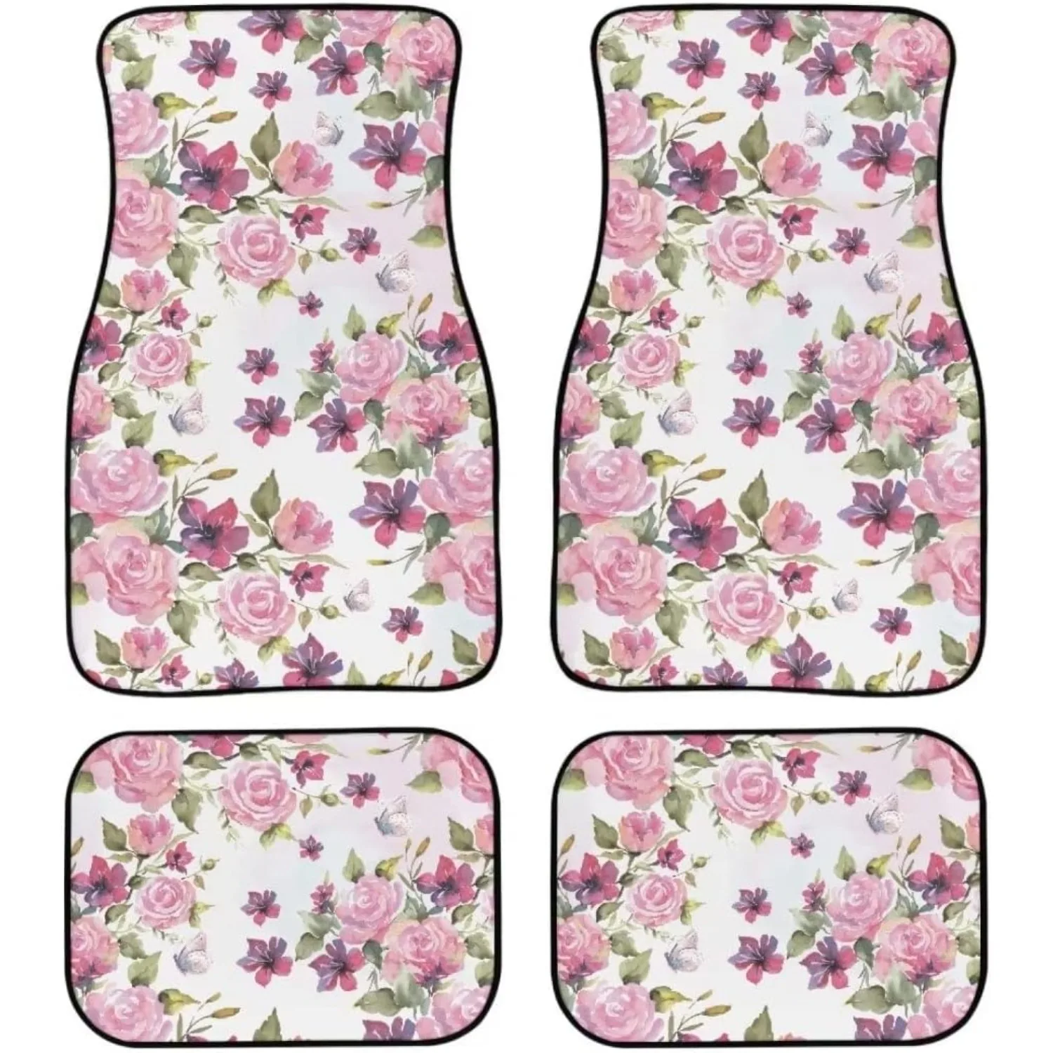 

Pink Flowers Print Car Floor Mats Full Set Of 4pcs Washable Auto Carpet Mats For SUV Vans Trucks