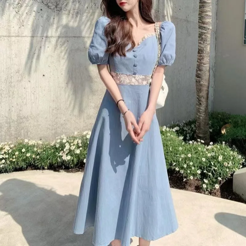 

Summer 2023 Blue Bubble Sleeve Square Collar Dress Gentle Style French Design A-Line Midi Dress Polyester Fabric Short Sleeve