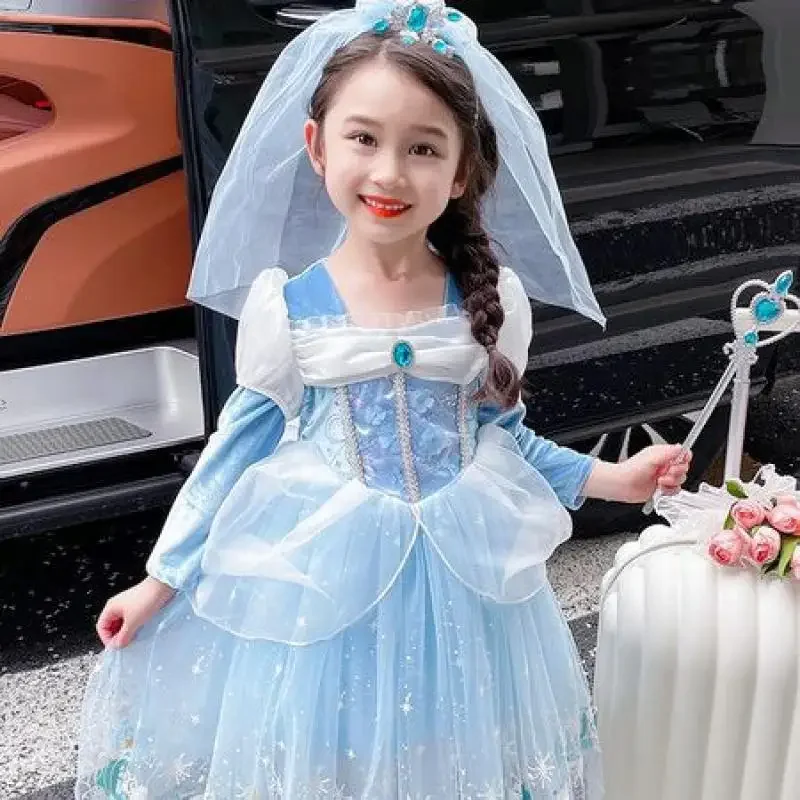 Party Performance Mesh Girls Princess Skirt Autumn Gauze Kids Dress Sweet Long Sleeve Lolita Gown Veil Wedding Toddler Clothes