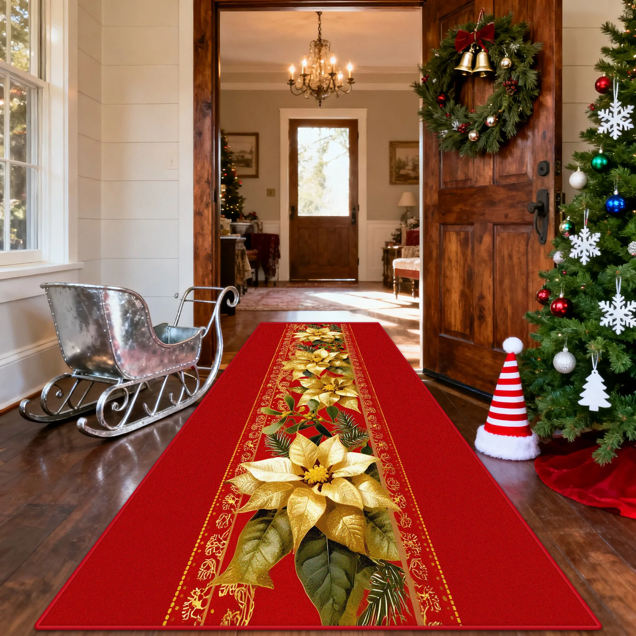 Poinsettia Luxury Long Corridor Carpet Christmas Party Entryway Runner Rug Hotel Lobby Washable Non-slip Foot Mat Customizable