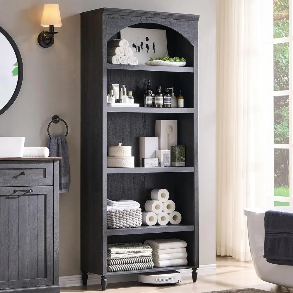 

76 Tall Arched Storage Cabinet with 5 Adjustable Shelves, Suitable for Bathroom, Living Room, and Entryway in Grey