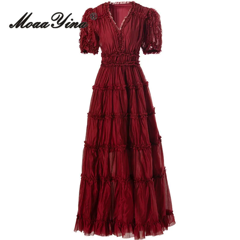 

MoaaYina Summer High Quality New Arrivals Women Dress Vintage Solid Color Chiffon Ruched Cascading Ruffle Temperament Dresses