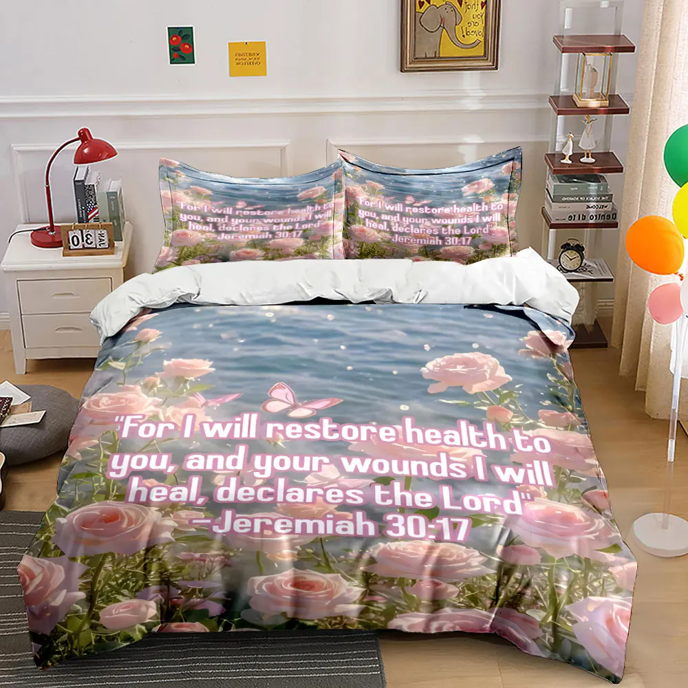3Pcs Ocean Pink Rose Butterfly Scripture Bedding Set, Jeremiah 30:17 Quote Print Duvet Cover 2 Pillowcases Single Double, Gift