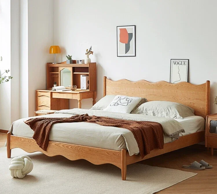 

Nordic Japanese-style solid wood master bedroom household cherry wood modern small apartment bed