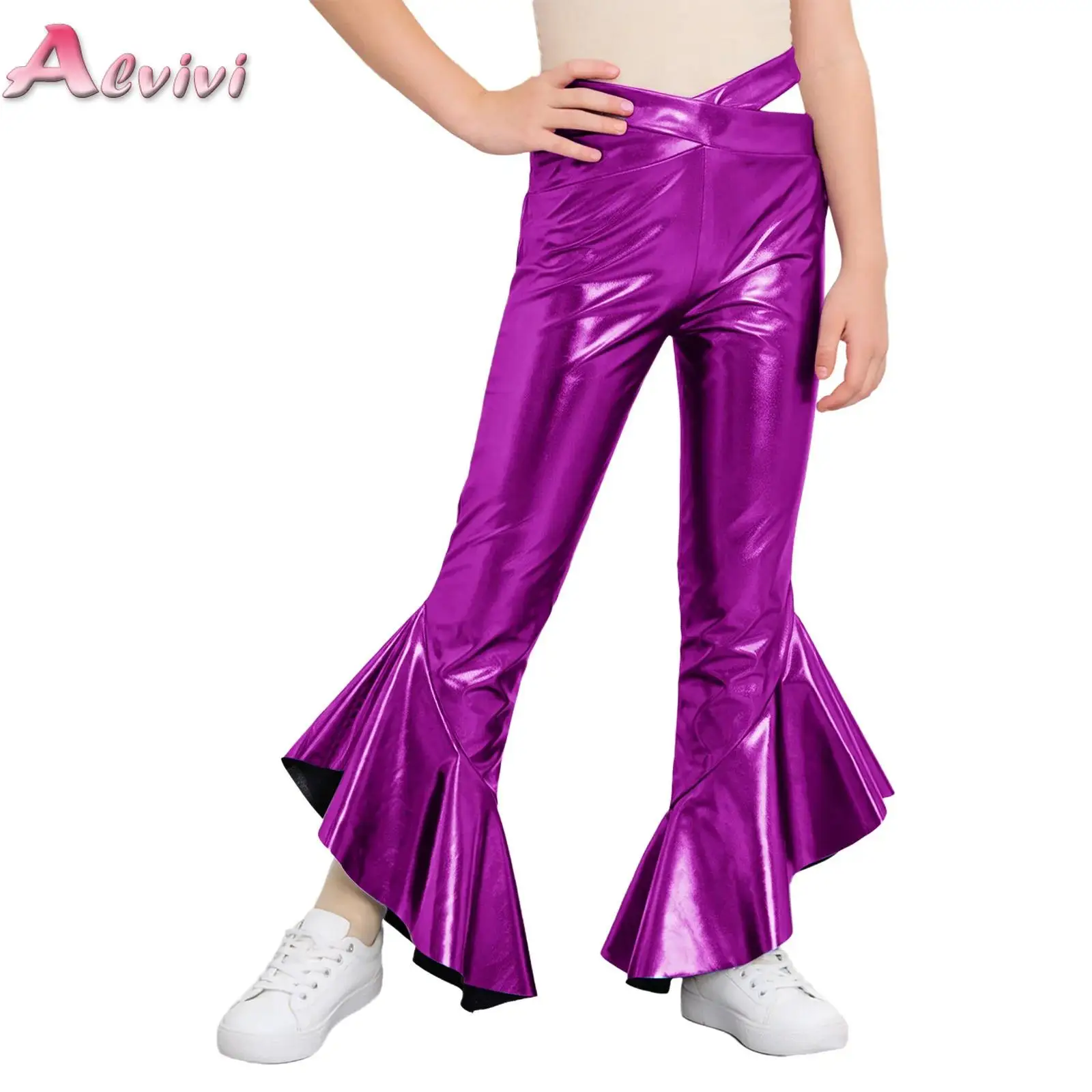 

Kids Girls Metallic Flared Pants Cross Waistband Ruffles Bell-Bottom Trousers for Disco Jazz Dance Theme Party Stage Performance