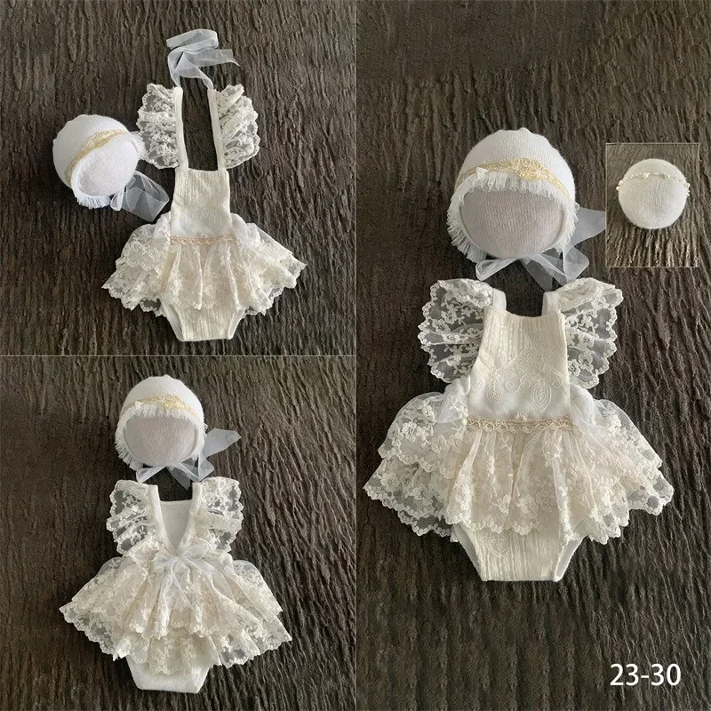 Vêtements en dentelle pour bébé fille, accessoires de photographie pour nouveau-né, robe une pièce, coiffe, ensemble chapeau, fournitures pour bébé, 0 à 12 mois