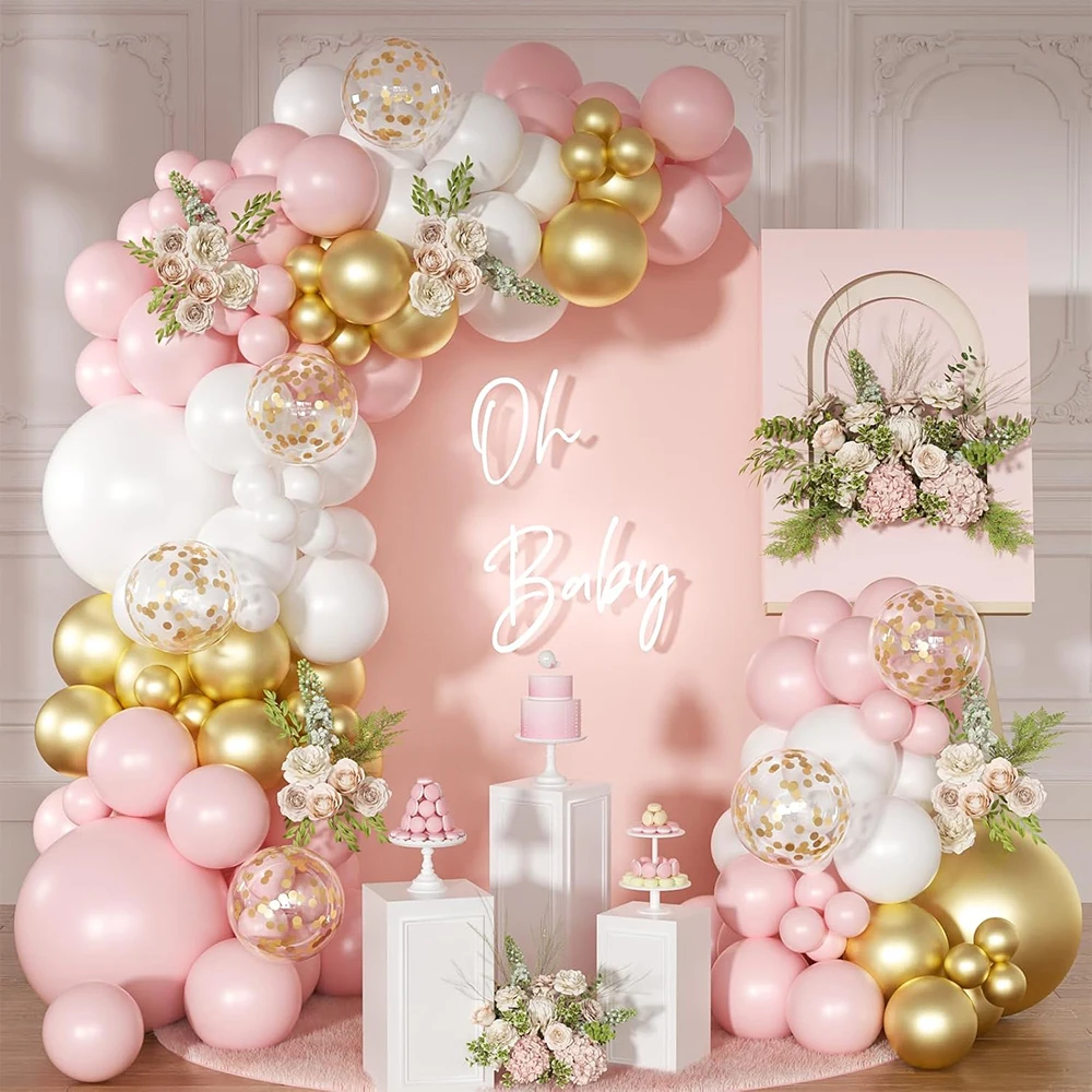 160-teiliges Rosa-Weißes Ballonbogen-Set mit Gold-Konfetti Latexballons für Babyparty Mädchen Geburtstagsfeier Dekorationszubehör