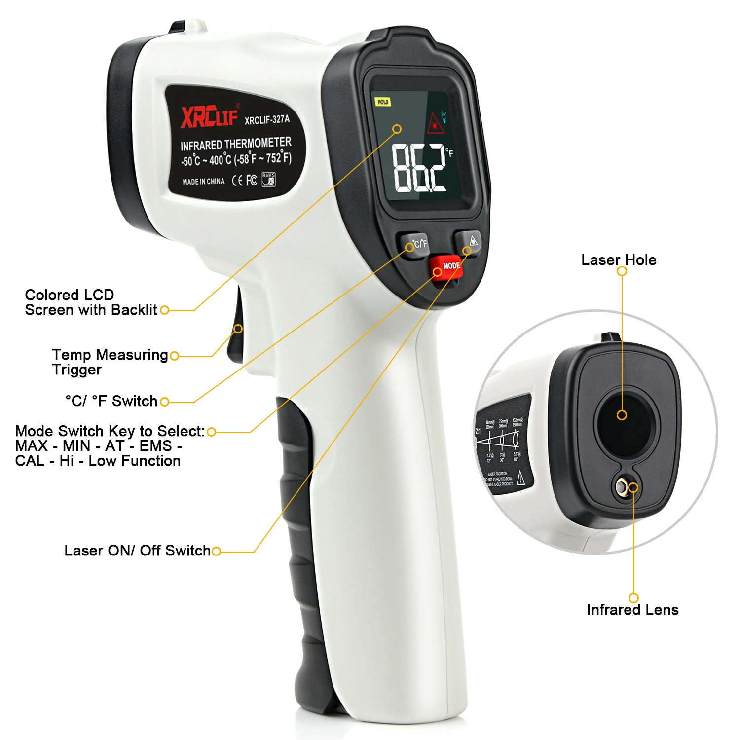 XRCLIF Non-contact Digital Laser Infrared Thermometer Gun High Low Temperature Alarm -58℉~1112℉ Pyrometer Temperature Meter