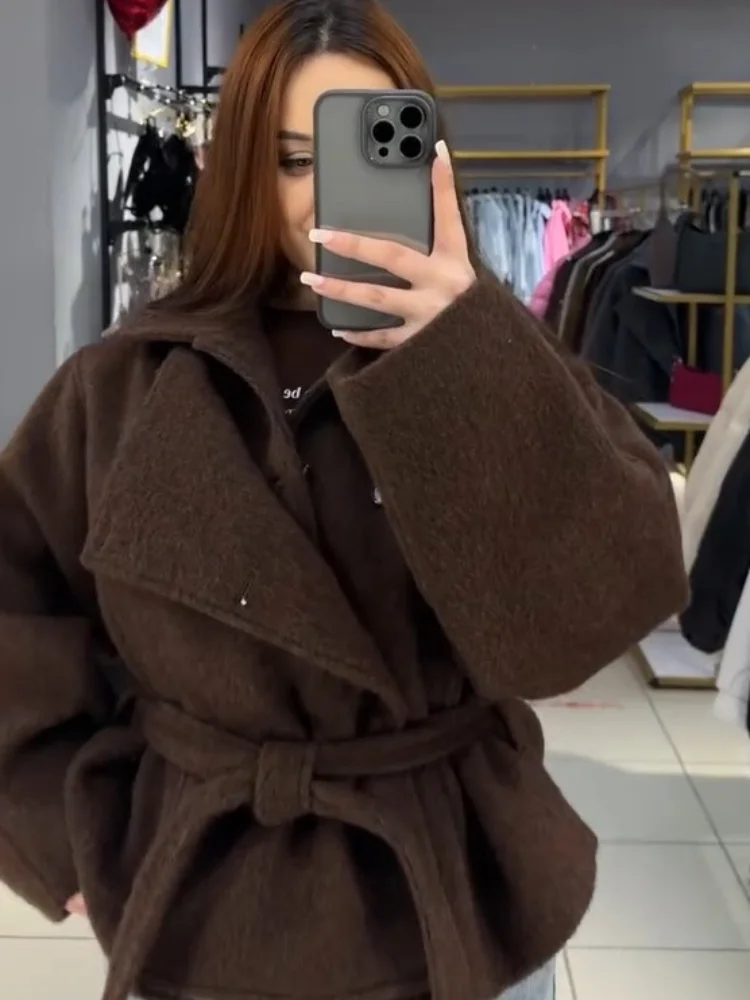 

Grey Lapel Collar Lace Up Faux Woolen Coat Long Sleeve Button Down Jacket Women Fall Chic Street Casual Lady Short Overcoat 2025