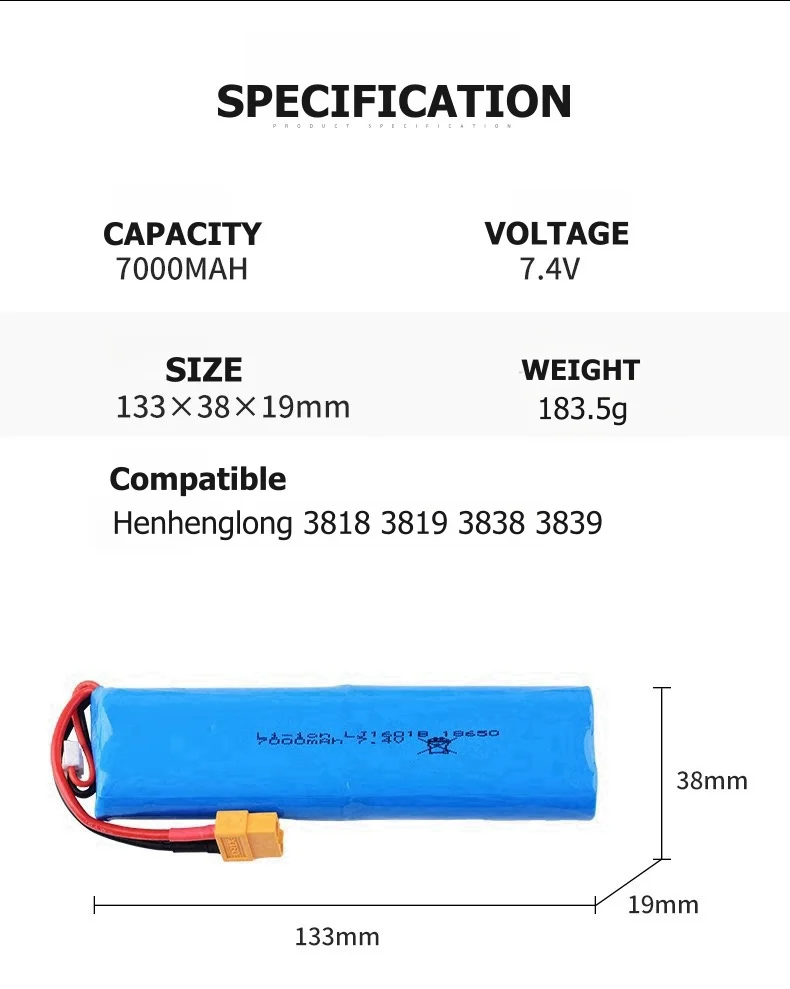 7.4V 7000mAh 18650 Akumulator Lipo L6.2-2P Wtyczka do heng long 3818 3889 3809 RC Czołgi Samochody Zabawki Części Ulepszenie Akumulator o dużej