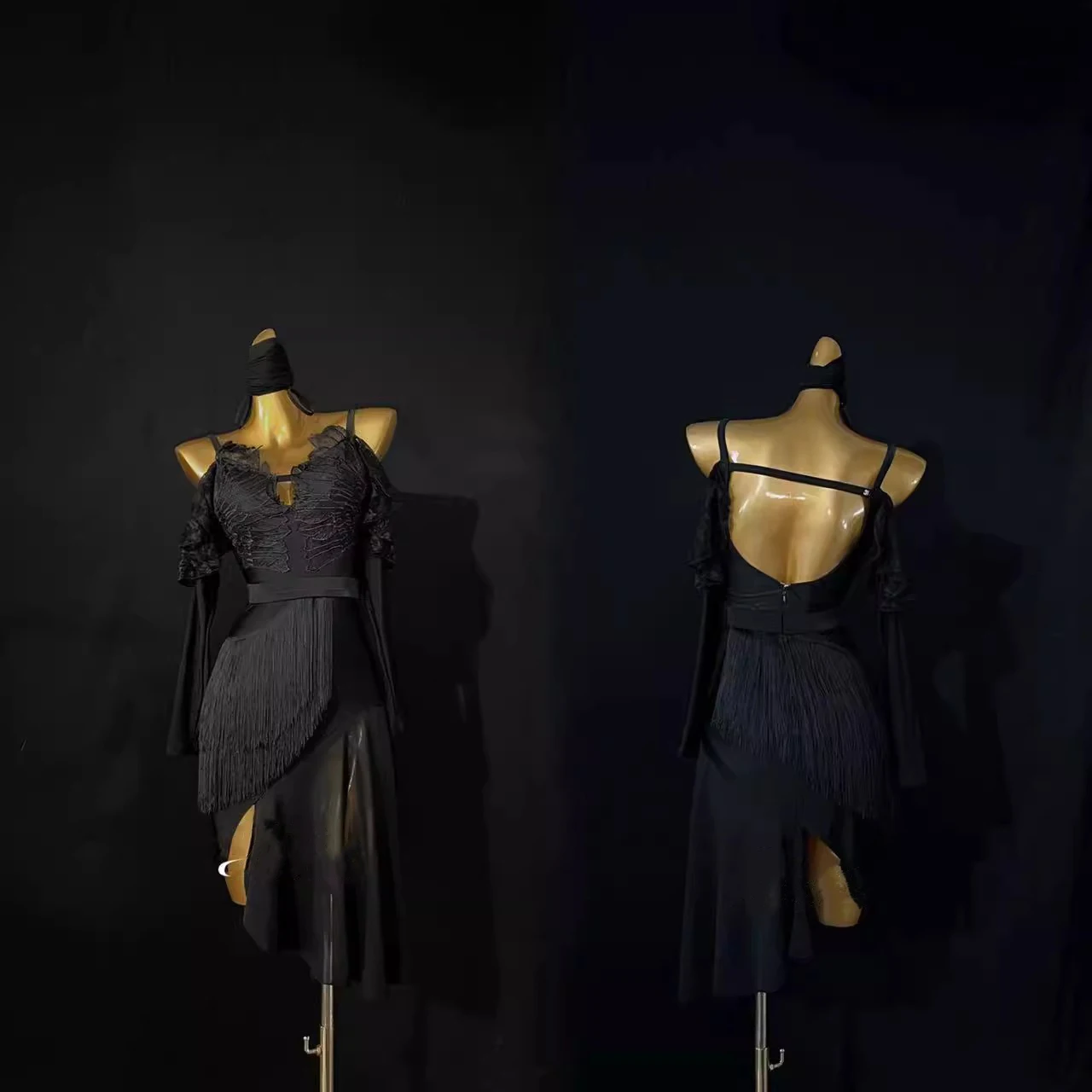 Latein-Tanzkleid, hochwertiges, individuelles Spleißnetz, Feder-Quasten-Hosenträger, Tango, professionelle Bühnenkleidung für Kinder und Erwachsene