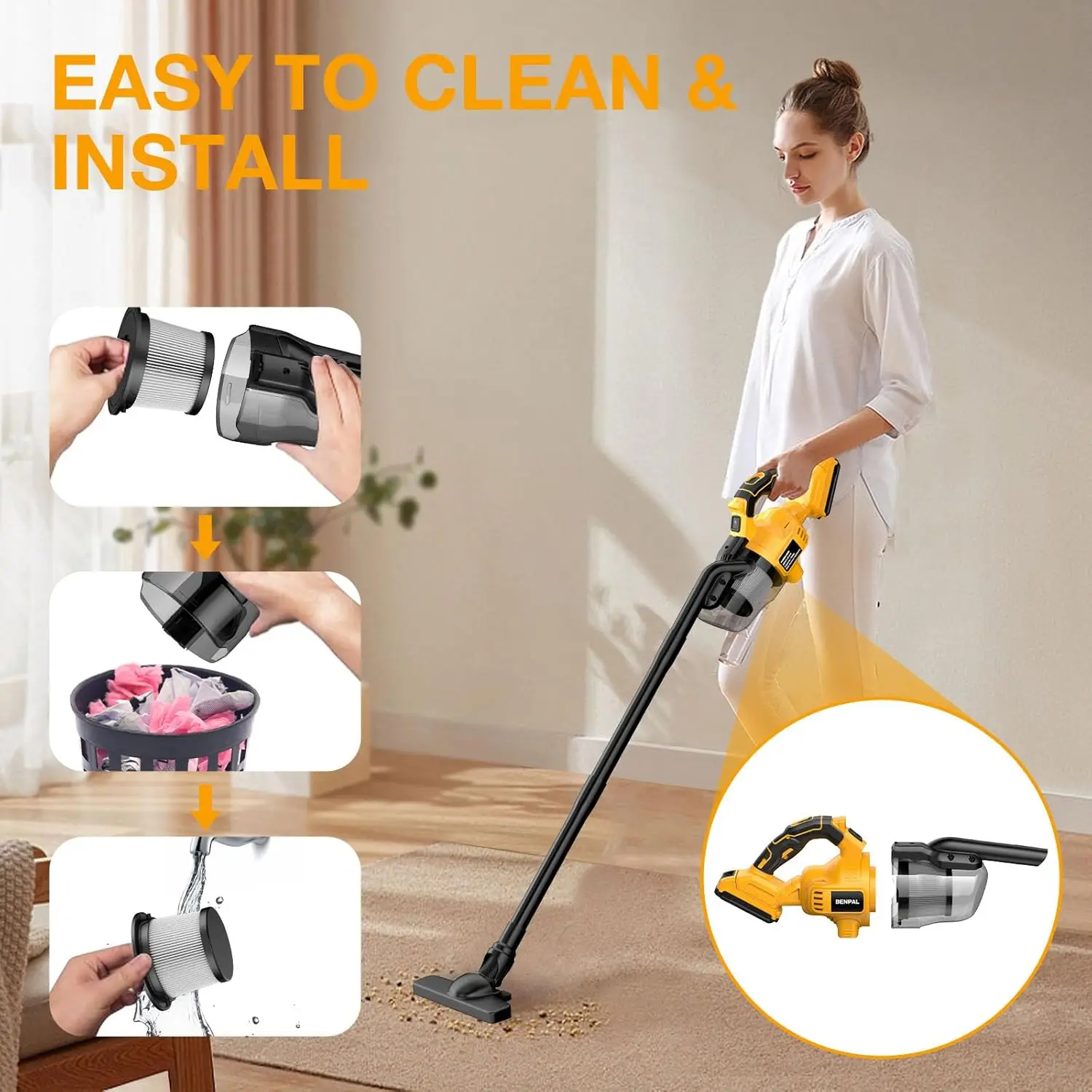 Akku-Staubsauger für Dewalt 20 V Akku, tragbarer Handstaubsauger mit 2 HEPA-Filtern, 4 Multi-Düsen, Heimstaubreiniger – Detail 10