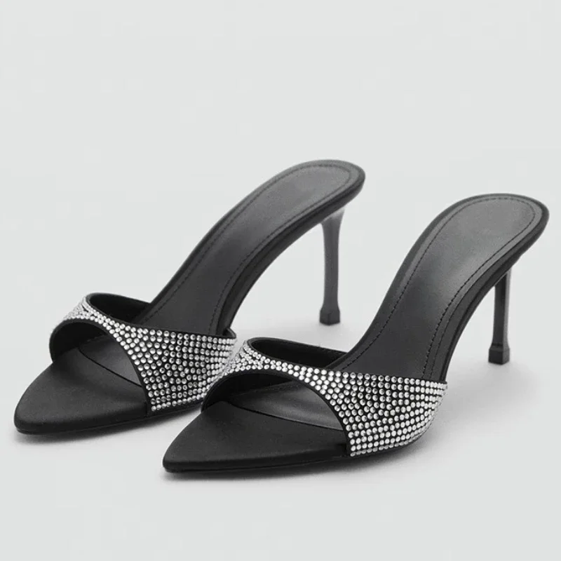 حجر الراين مصمم الكعوب النعال النساء 2026 جديد المفتوحة تو الشرائح الإناث فستان كاجوال لامعة فاخرة صندل كعب عالٍ النساء #1