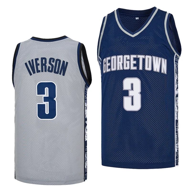 2024 Basketball jerseys GEORGETOWN 3 IVERSON Sewing embroidery Outdoor sportswear Hip hop grey blue Sweat absorption breathable