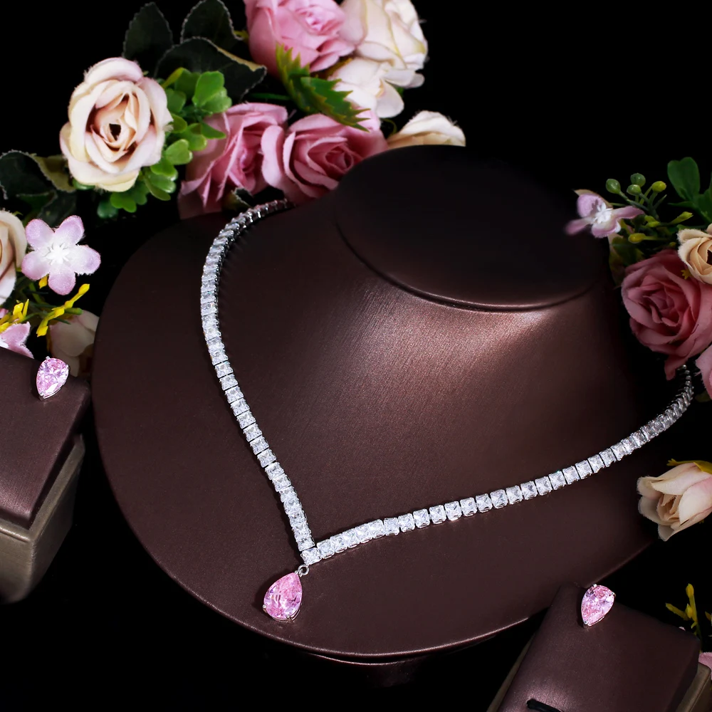 CWWZircons Elegante Glänzende Rosa Kubische Zirkonia Wassertropfen Hochzeit Verlobung Party Halskette Brautschmuck-Sets Accessoires T0926 – Detail 4