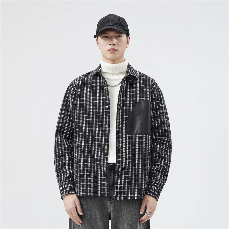

Men Spring Autumn Thicken Plaid Long Sleeve Loose Casual Plus Size Splice Leather Pocket Shirts Cardigan Man Blouses Outerwear