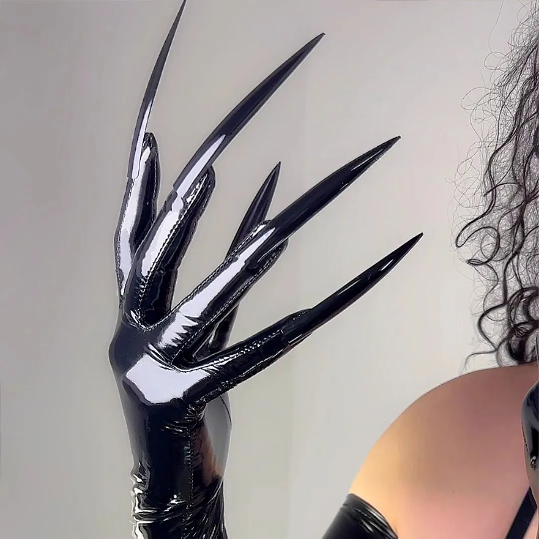 

Latex NAIL GLOVES 70CM Super Long TECH Extra Thin Stretchy Faux PU Leather Rubber Gloves with 10cm Long Nails Cosplay Costume