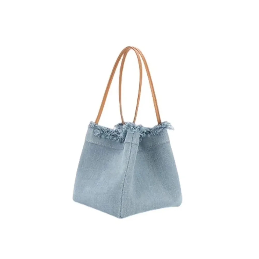 New Trendy Fashion Denim Tassel Blue Color Bucket Bag Women Handheld Handbag Summer Shoulder Underarm Bag Lady Purse Tote Bag