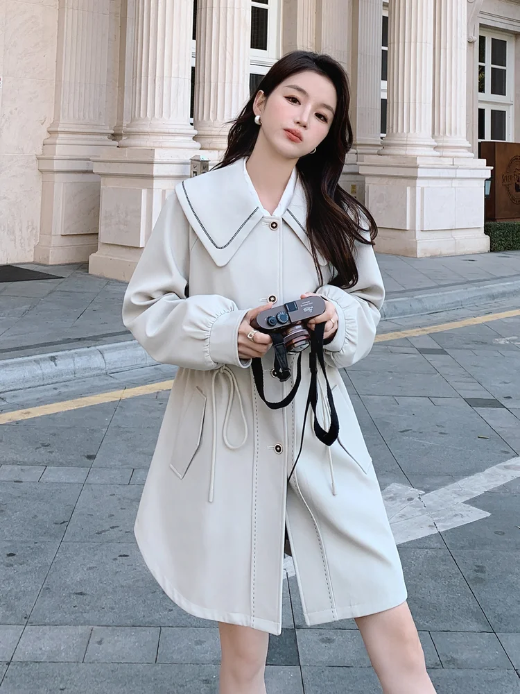 الفرنسية ربيع الخريف الحلو الرجعية الأبيض سترة واقية بسيطة أزياء أنيقة مريحة طويلة دمية طوق الرباط زر معطف