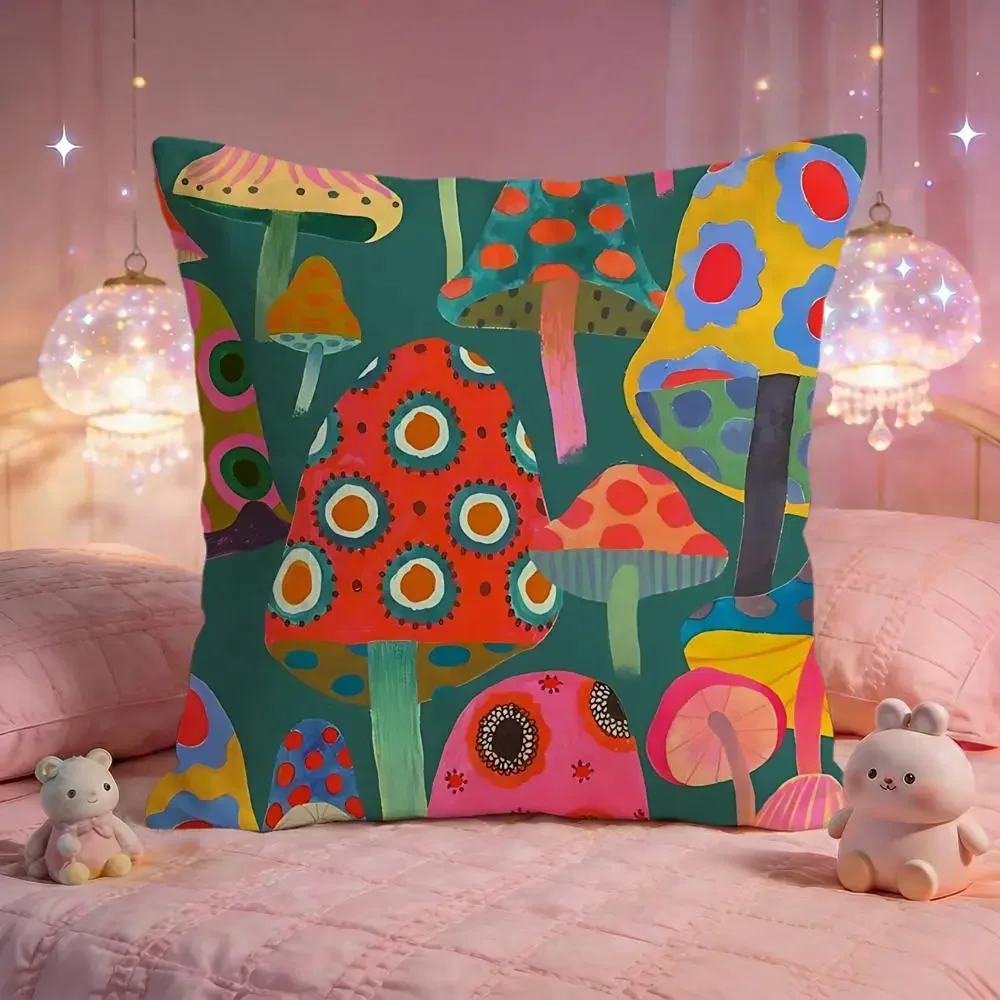 Psychedelic Mushroom Cartoon Print Cushion Cover Premium Comfort Reversible Pillow Cove -Two in One Design for Any Room & Car