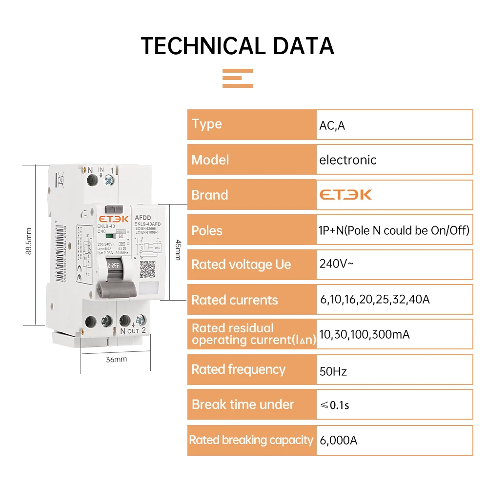 Imagem -02 - Etek-sobrecarga Terra Vazamento Proteção contra Curto-circuito Arc Fault Protector Dispositivo Disjuntor Afdd 2p 30ma 32a 40a Ekl9