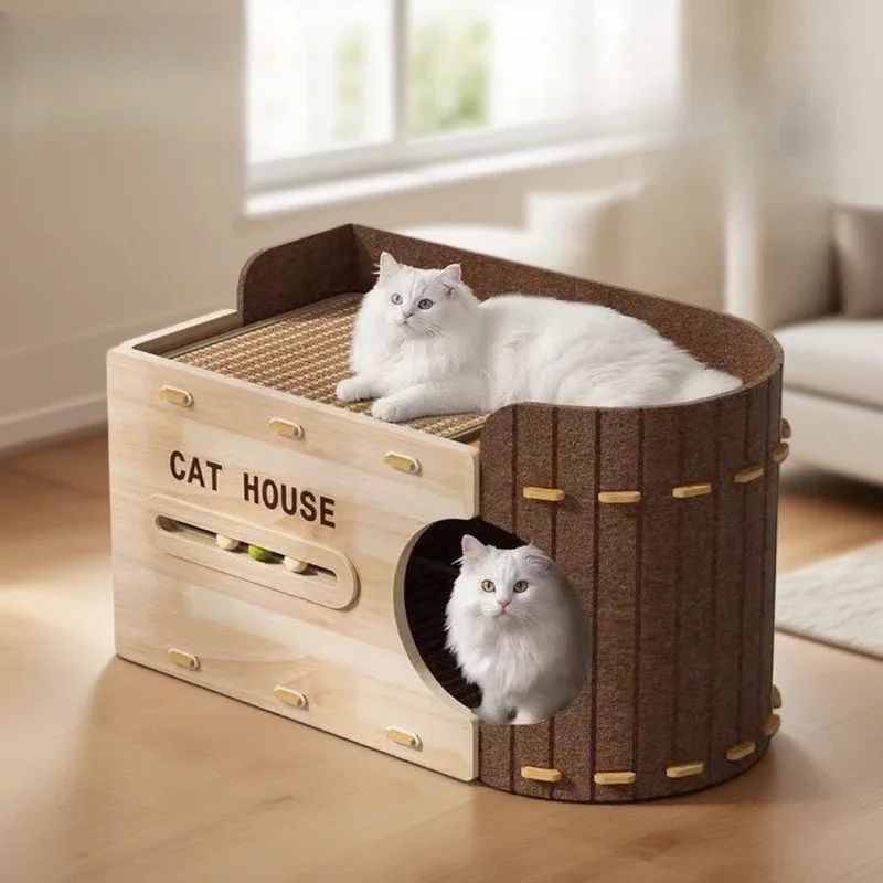 ‌   Casa aconchegante para gatos com poste para arranhar, cama grande para gatos de 2 andares, esconderijo durável para felinos, casa de jogos.