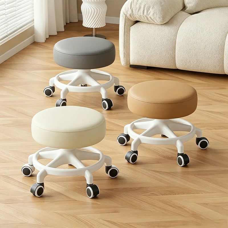 360° Rotation Small Stools Household Wheeled Low Stools Sofa Stool PU Leather Round Chair Mobile Rolling Stools For Home Office