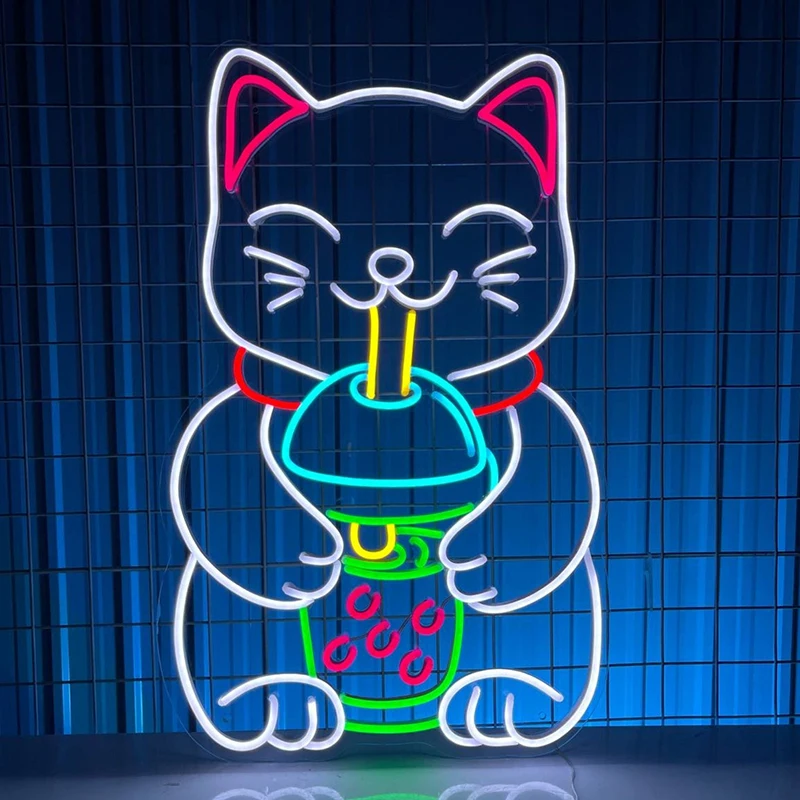 custom cat drinks bubble tea neon sign bem vindo cat neon led light cafe leite cha sobremesa decoracao shop decoracao sinais 01