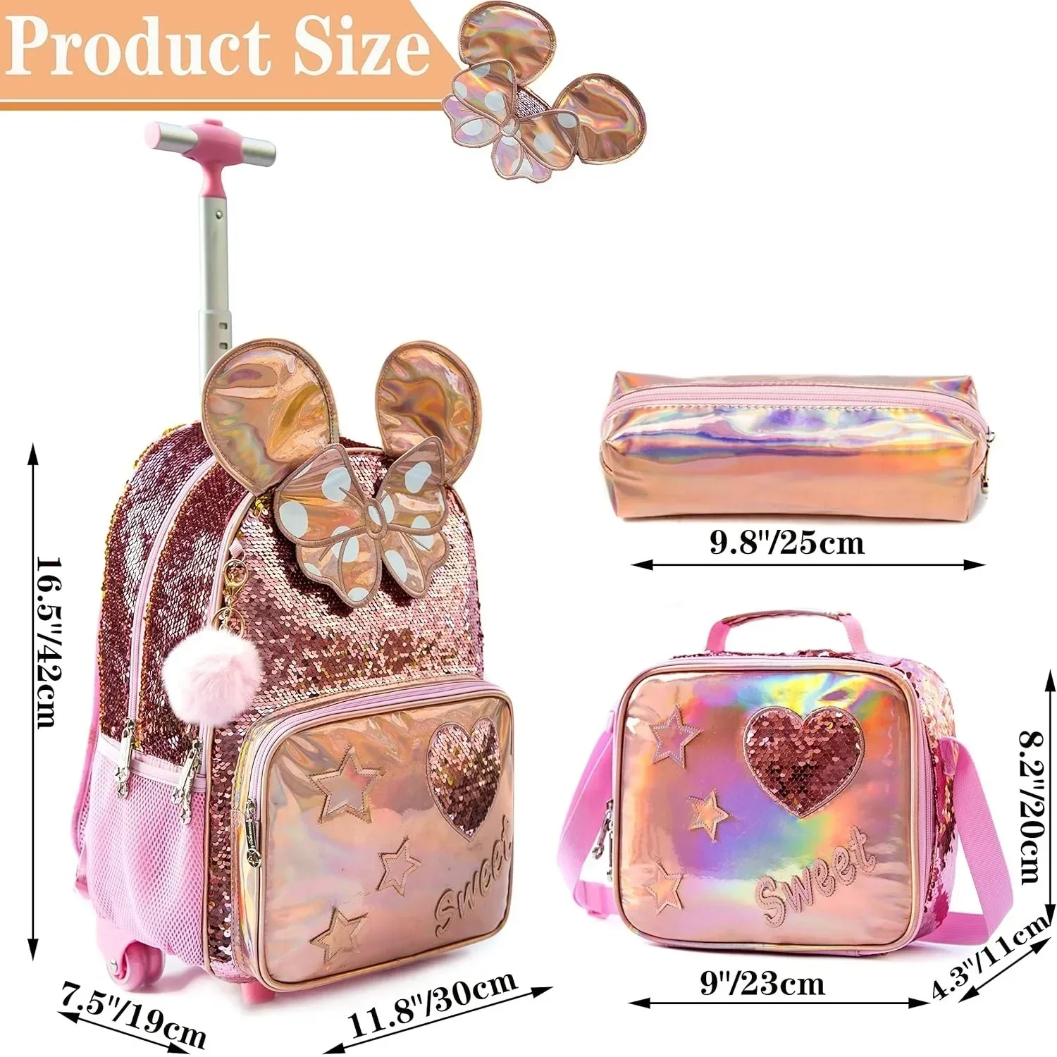 Student Backpack Kids 16 Inch Cute School Bags for Girls with Wheels Rolling Bag Set with Lunch Bag Kids Backpack