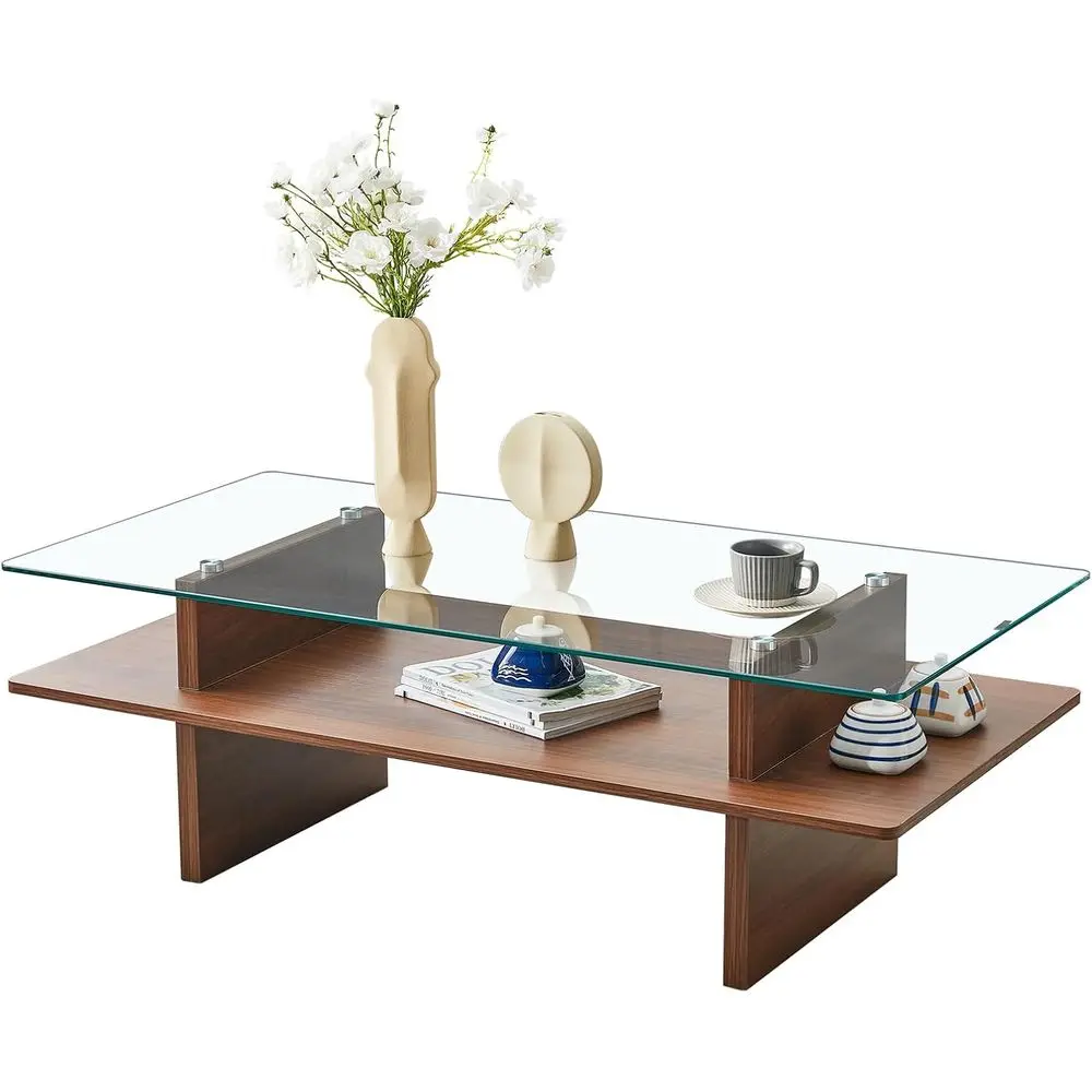 47 Two-Tier Tempered Glass Coffee Table with Walnut Wood Base for Living Room and Study