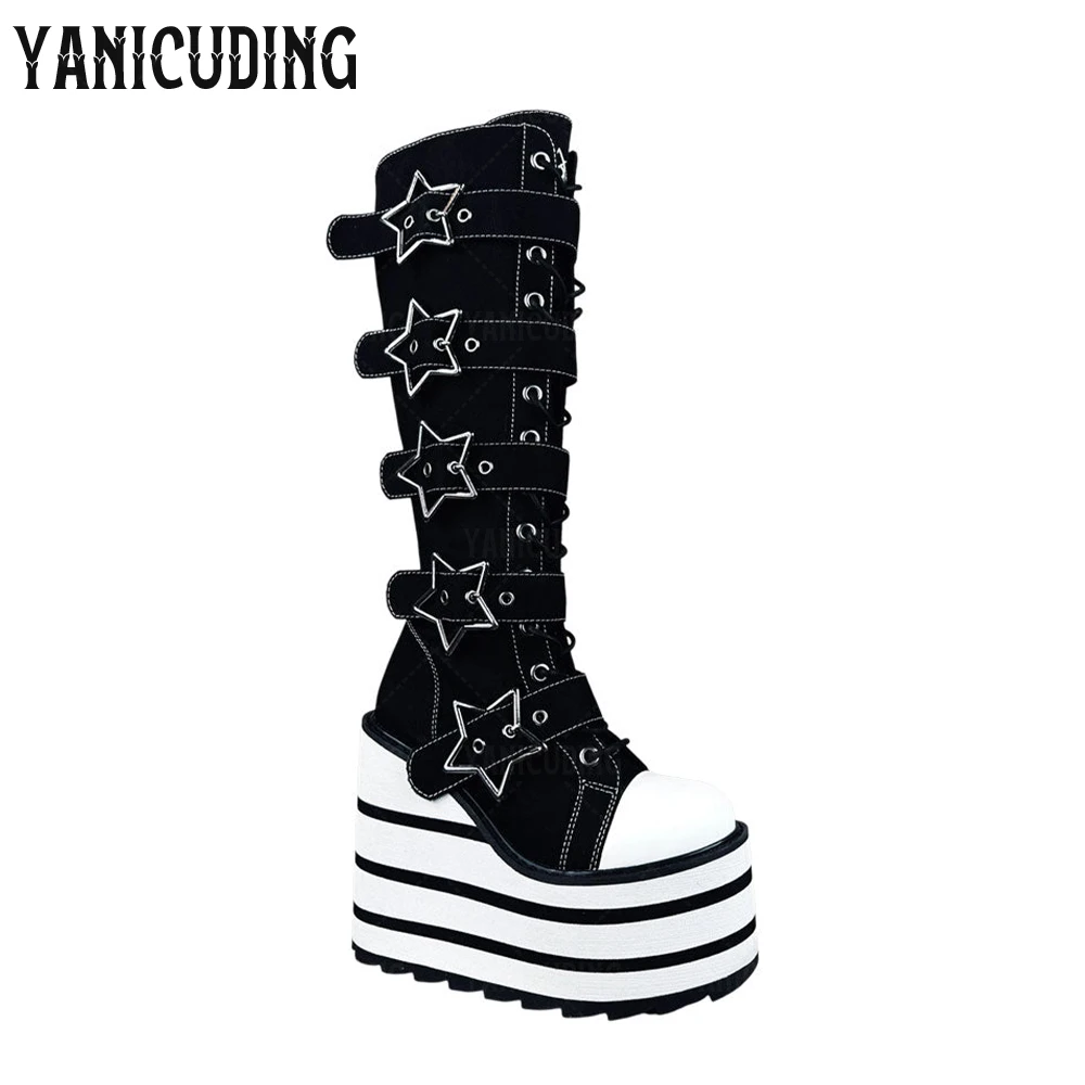 Silver Star Buckles Platform Knee Boots Black Canvas Wedge Boots Colorful Striped Heel Adjustable Straps Cosplay Boots for Women view 3