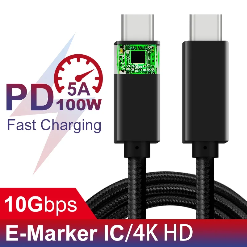 USB Type C kabel usb3.1 gen2,10フィート,100 p,4/3 W,5a,ビデオ,4kディスプレイ,SamsungおよびHDTVと互換性があります