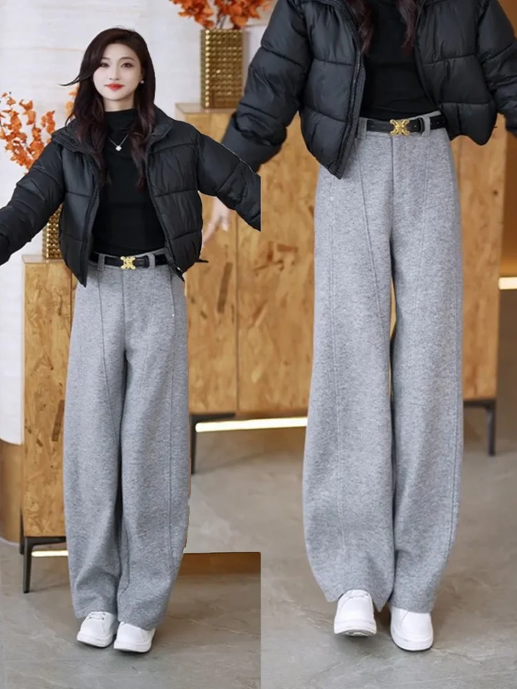 Calças de Lã de Cintura Alta com Pernas Largas para Mulheres, Novo Estilo Outono Inverno, Calças Casuais com Caimento Elegante