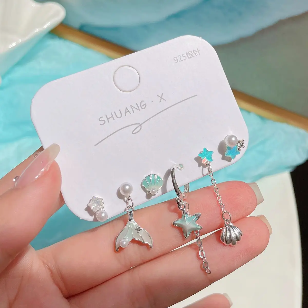 6PCS Set Silver Color Blue Star Dangle Earrings Vintage Metal Geometric Drop Earring for Women Fashion Trendy Y2K Goth Jewelry