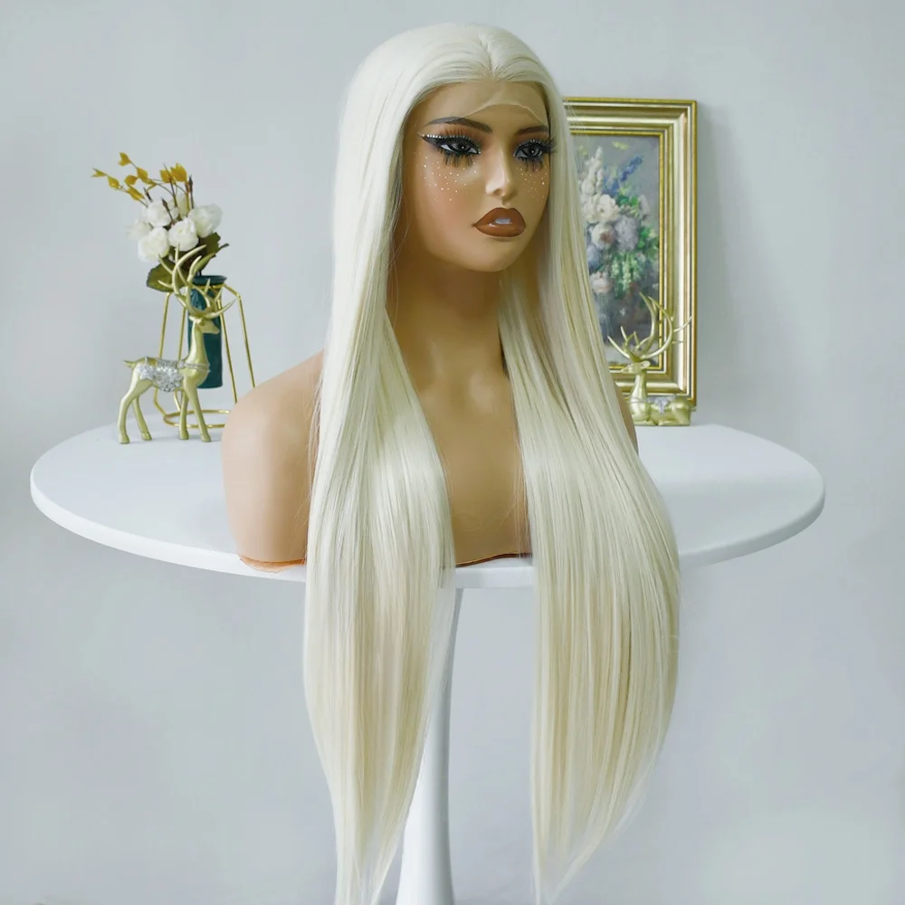 13x4 ลูกไม้ด้านหน้าวิกผมยาวตรงผมวิกผมสังเคราะห์ Pre Plucked Hairline Glueless วิกผมสีขาววิกผมลูกไม้ด้านหน้าด้านหน้าสําหรับผู้หญิง 24 นิ้ว