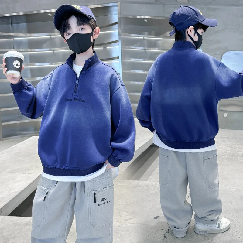 

New Fashion Kids Boy Blue Color Zip-Up Sweatshirt Elegant Outfit Kids Cotton Autumn Clothing Stylish Turtleneck Hoodie 5-14 Y