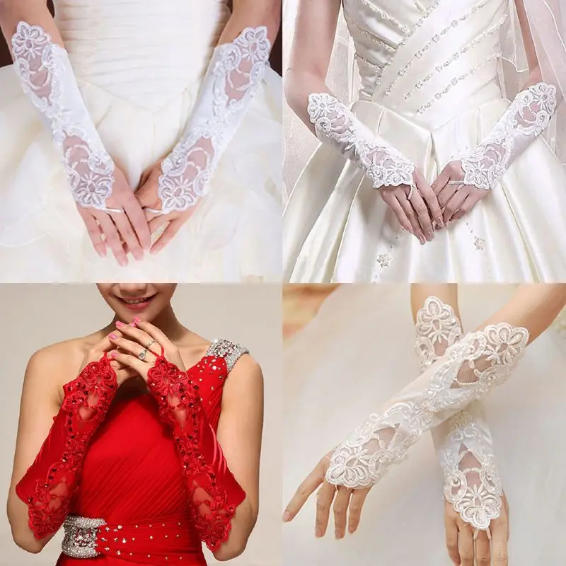 1 Pair Women Bridal Long Gloves Fingerless Embroidery Lace Glitter Sequins Solid Color Elbow Length Mittens Hook Finger