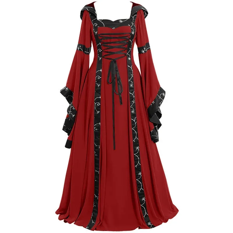 

Women European Medieval Renaissance Square Neck Belted Belt Bell Sleeves Victoria Princess Dress Halloween Cosplay Costume fd84