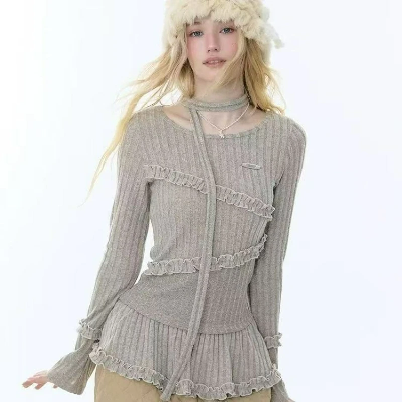 

2026 Autumn/winter New Fashion American Retro Style Leisure Design Irregular Black Fungus Lace Hem Knitted Base Layer for Women