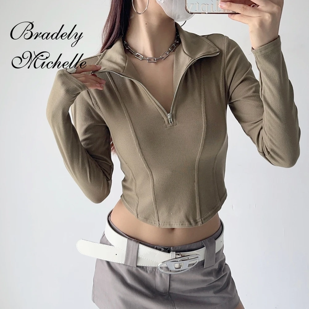 Spring and Autumn Women Long Sleeve Tops Sexy Zipper Lapel Pullover Solid Bottoming Blouses T-shirt