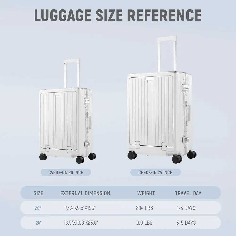 20 TSA-Approved Aluminum Frame Zipperless Carry-On Suitcase with Spinner Wheels for Short Trips, ABS+PC Shell, White