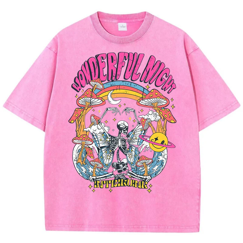 Women Casual Cotton Washed T-Shirt Wonderful Night Skeleton Butterfly Wave Printing Tops Fashion Oversize Street Female Clothing image 4