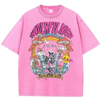 Women Casual Cotton Washed T-Shirt Wonderful Night Skeleton Butterfly Wave Printing Tops Fashion Oversize Street Female Clothing 4