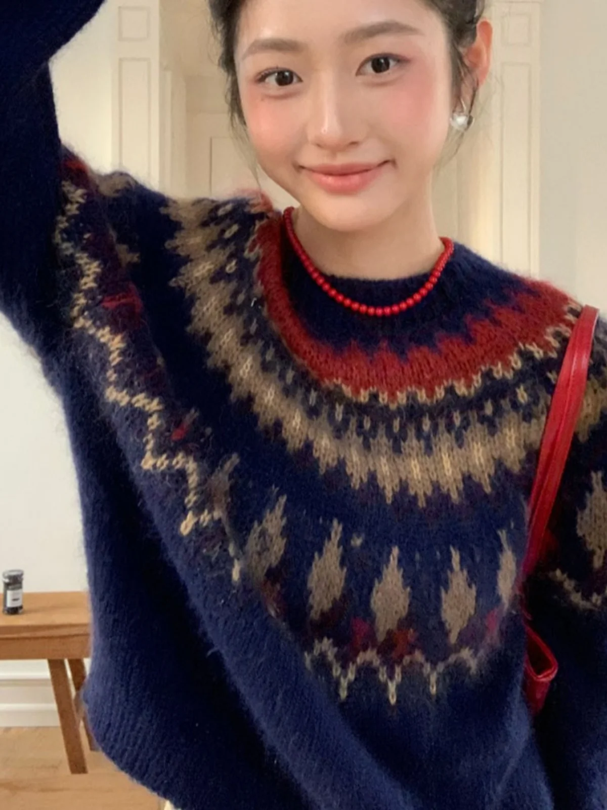 따뜻한 니트 스웨터 여성용 라운드 넥 풀오버 꽃 자수 빈티지 스타일 캐주얼 편안한 긴 소매 가을 겨울