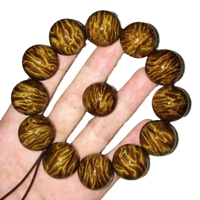 Sichuan Natural Golden Nanmu Wood Full Water Ripple , Unisex Buddhist Bead Bracelet, Collectible, Wholesale for Gif