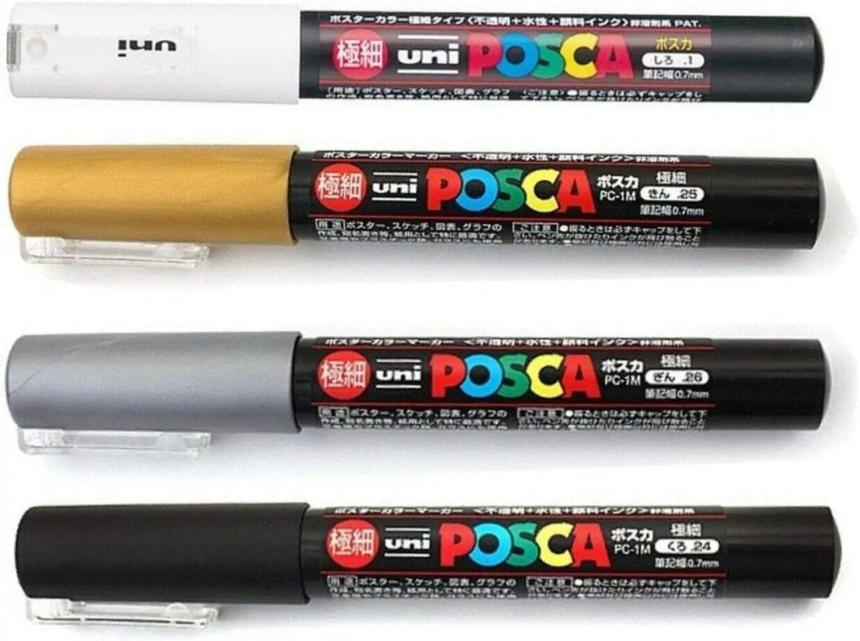 

Extra Fine 0.7mm Paint Markers, Pack of 4 - White/Gold/Silver/Black, Water-Based, Non-Toxic, Made in Japan