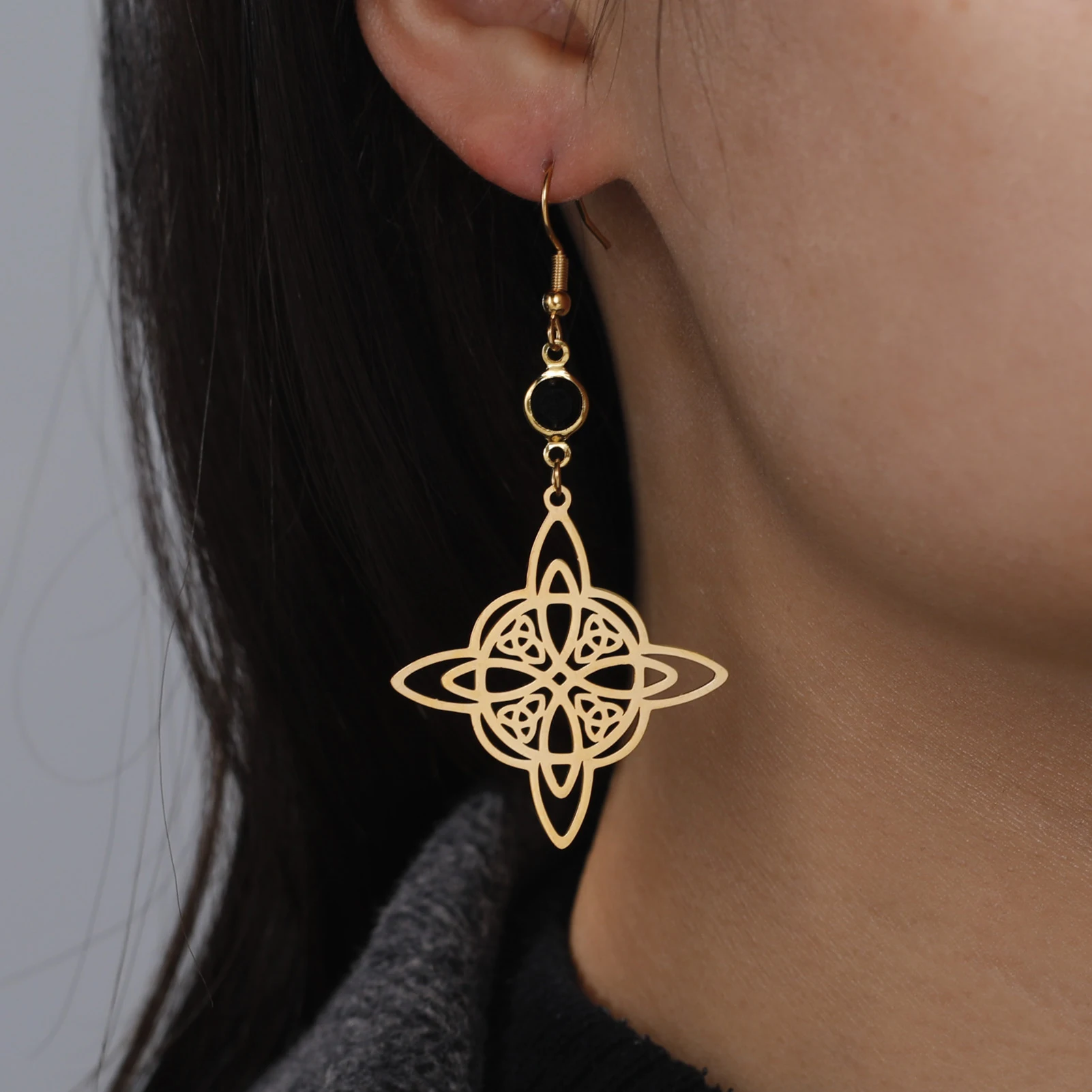 Celtic Knot Witch Knot Earrings Stainless Steel Women's Black Crystal Witchcraft Pendant Talisman Supernatural Jewelry Gift