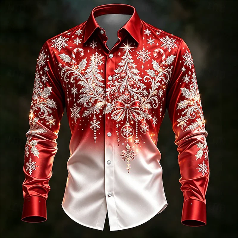 New shiny Christmas men's shirt with red and white gradient snowflake ice decoration printed long sleeved shirt